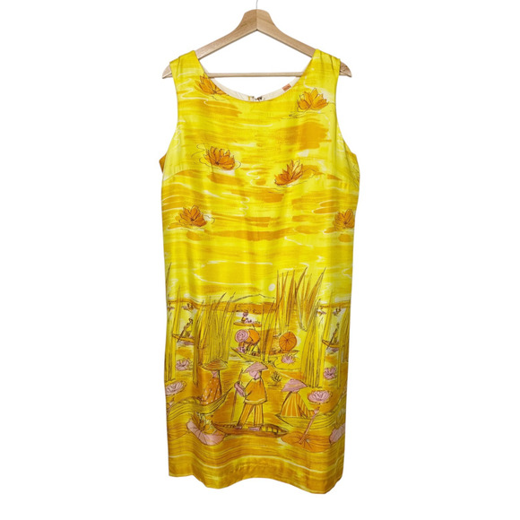 Vintage Hawaiian Print Dress Women's Size 18C Yellow Floral Boho Style Aloha Dre - Picture 1 of 9